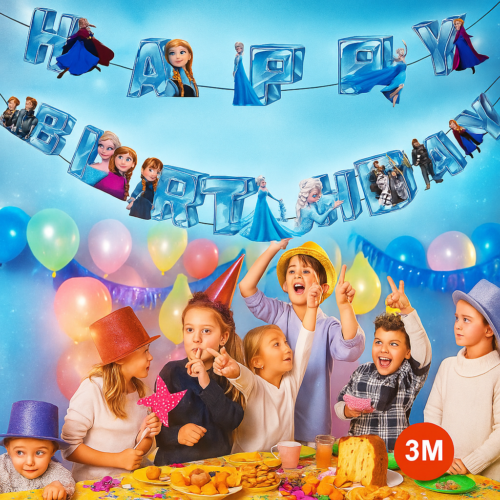 Frozen Theme Happy Birthday Banner for Kids Party Decoration – Elsa, Anna & Olaf – Blue Foil Letters – 3 Meter – KidsPitara.in