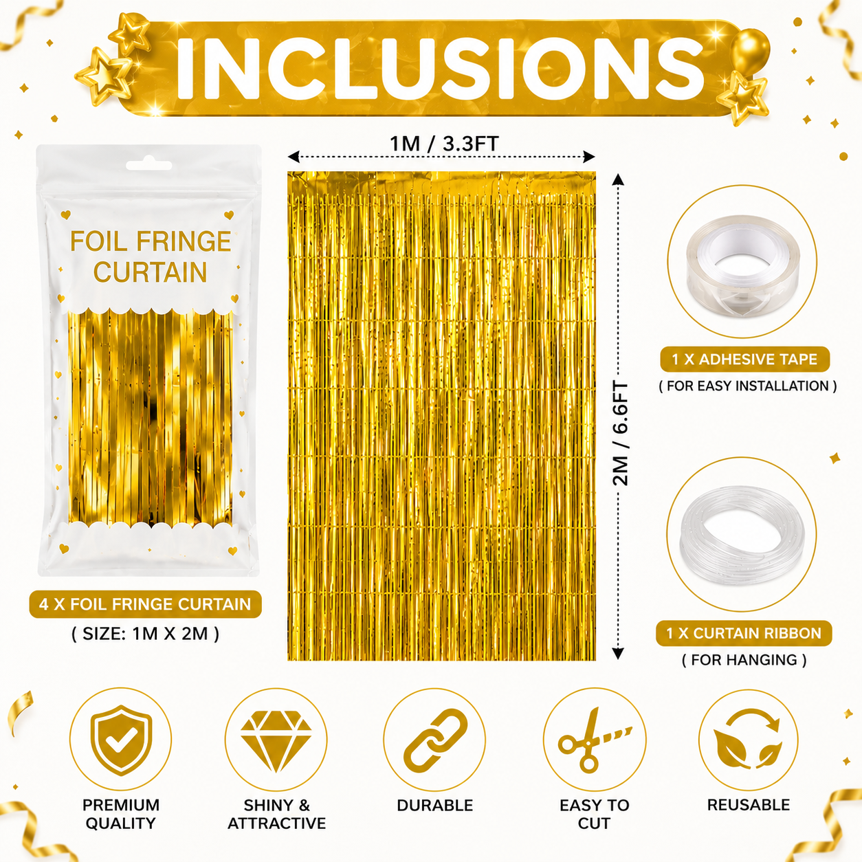✨ Gold Foil Fringe Curtain Backdrop – Set of 4 ✨