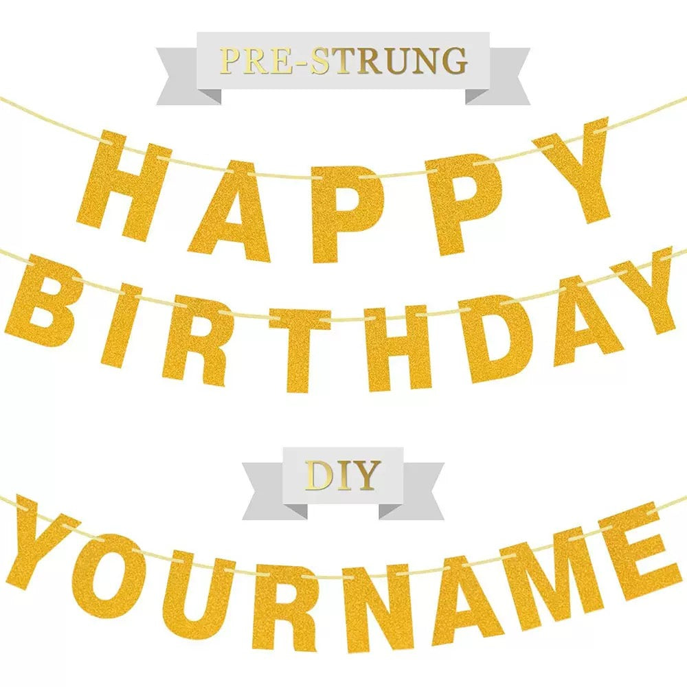 Custom Name Happy Birthday Banner Gold Glitter | DIY Alphabet Birthday Decoration Banner | Reusable Birthday Party Decoration for Boys Girls