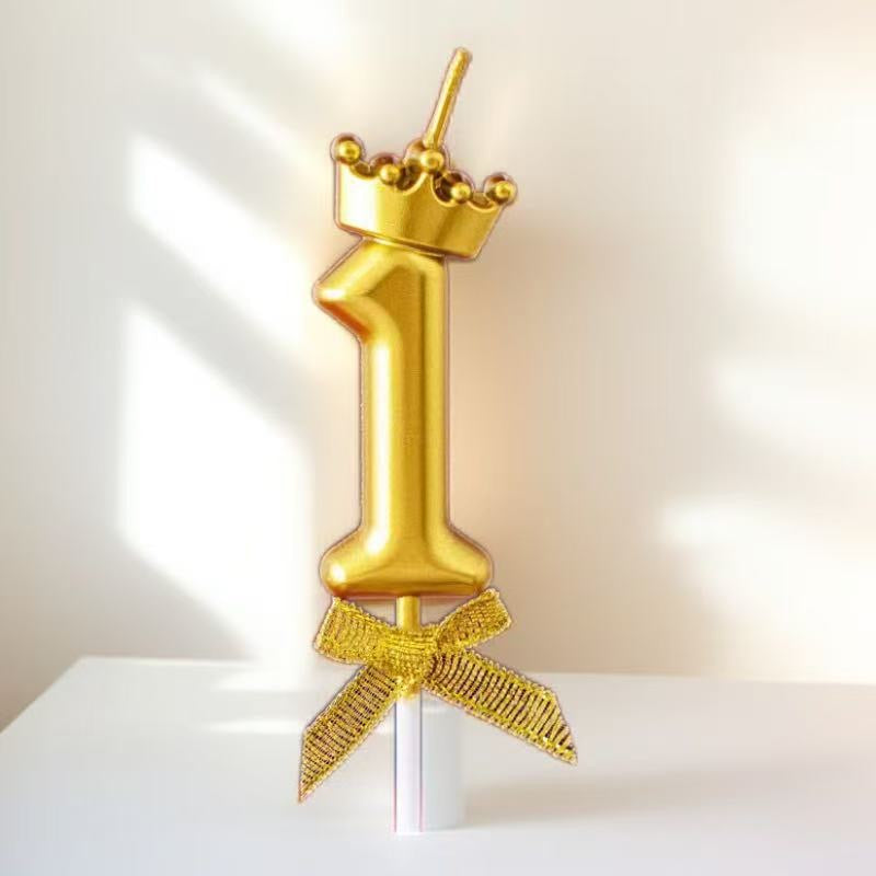 Golden Crown Number Birthday Candles (0-9) with Stick & Bow – Perfect for Kids’ Cakes