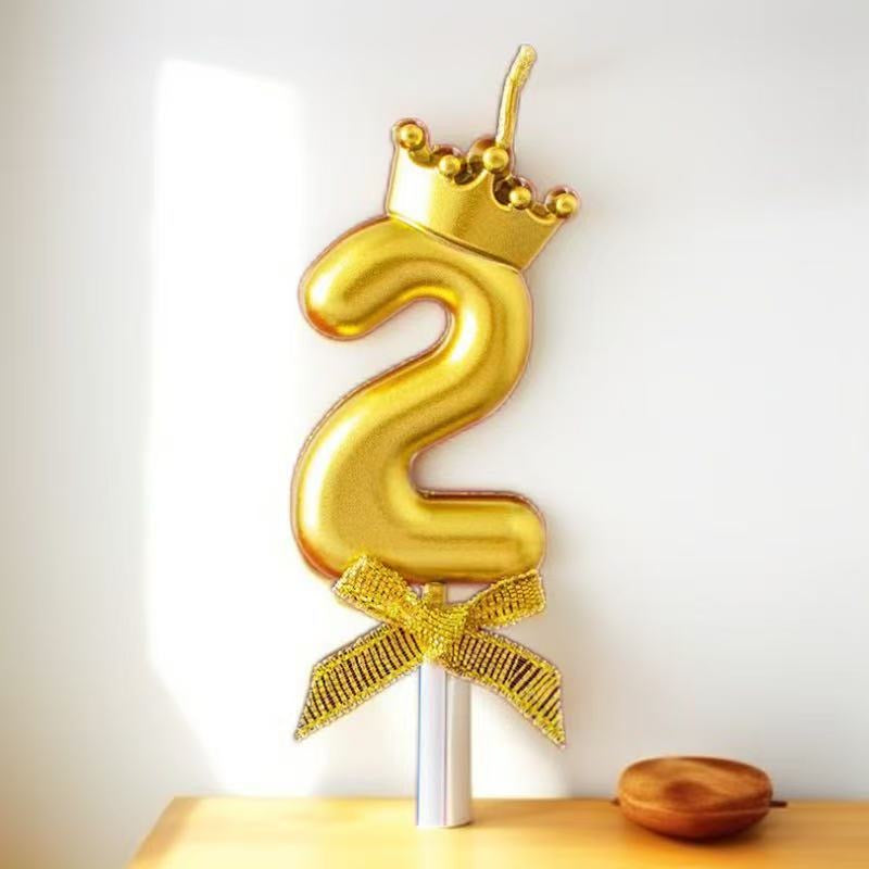 Golden Crown Number Birthday Candles (0-9) with Stick & Bow – Perfect for Kids’ Cakes
