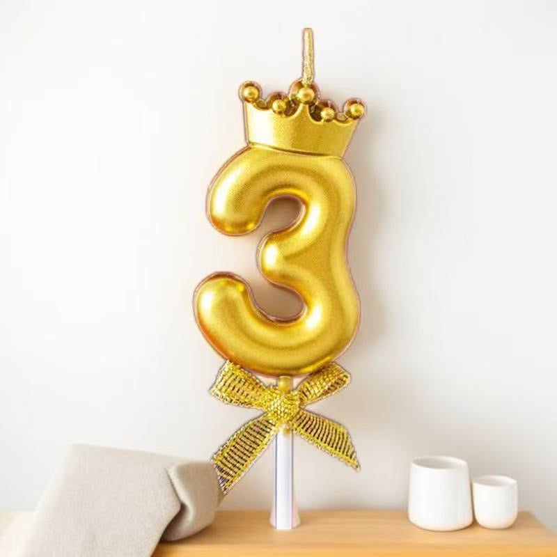 Golden number 3 birthday candle with crown and bow for kids cake decoration - kidspitara