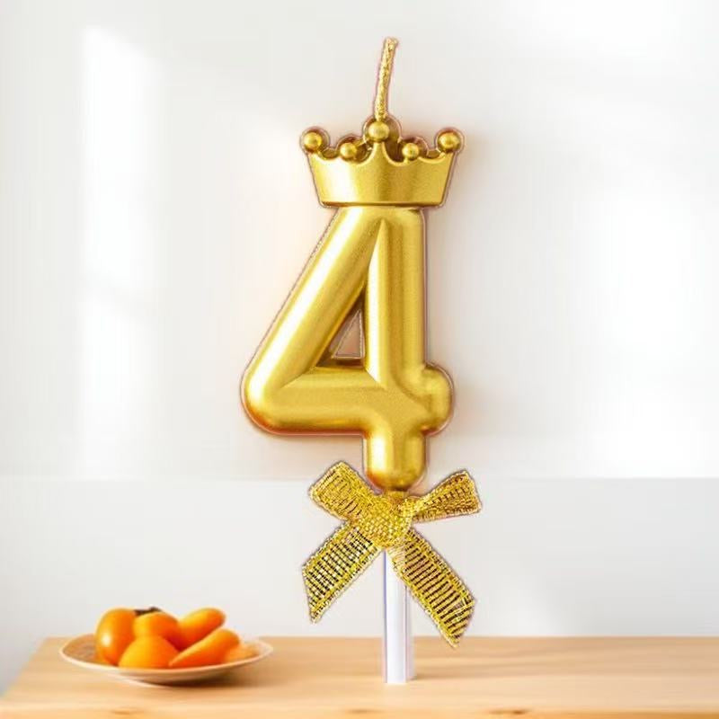 Golden Crown Number Birthday Candles (0-9) with Stick & Bow – Perfect for Kids’ Cakes