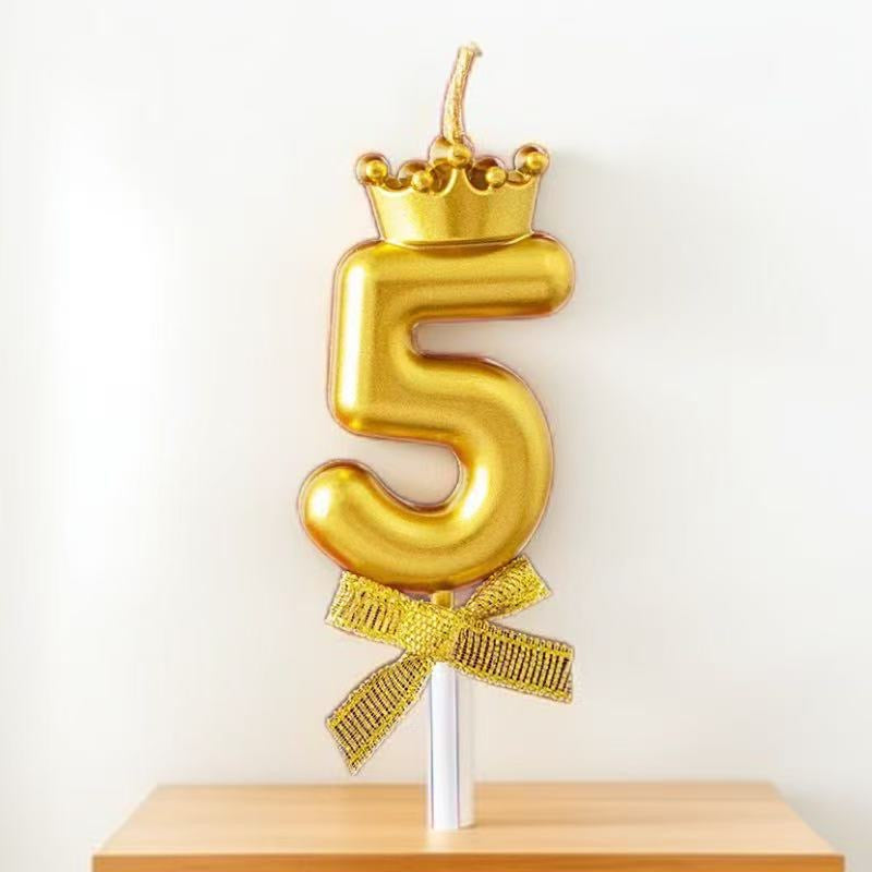 Golden number 5 birthday candle with crown and bow for kids cake decoration - kidspitara