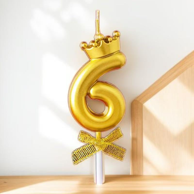 Golden number 6 birthday candle with crown and bow for kids cake decoration - kidspitara