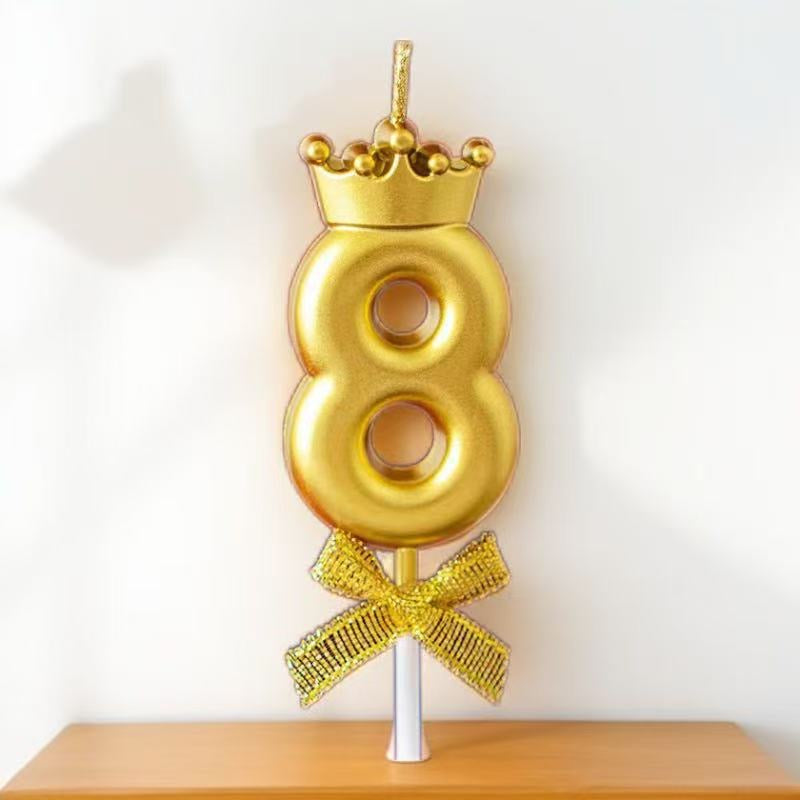 Golden Crown Number Birthday Candles (0-9) with Stick & Bow – Perfect for Kids’ Cakes