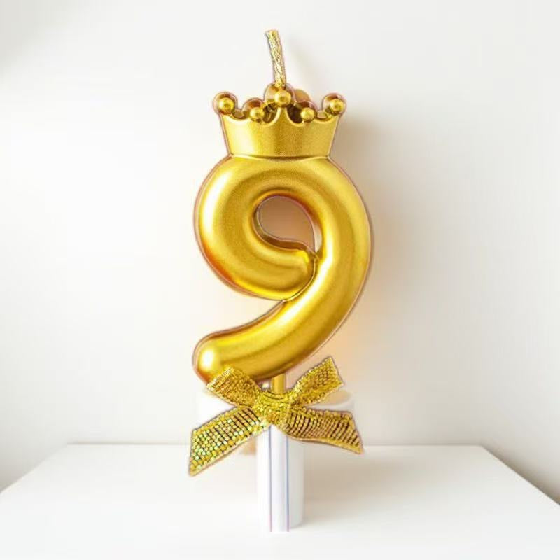 Golden number 9 birthday candle with crown and bow for kids cake decoration - kidspitara
