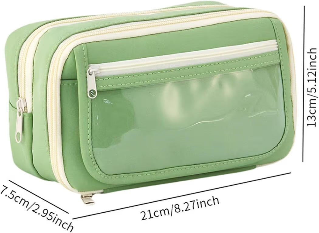 Green pencil case with transparent front pocket showing dimensions 21cm x 7.5cm x 13cm on white background