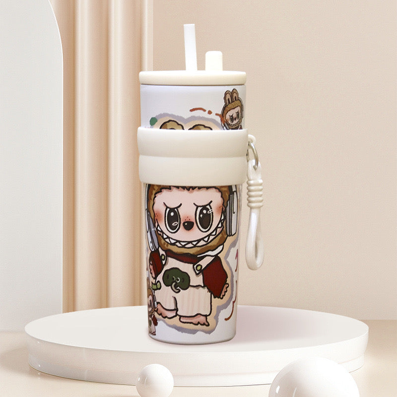 White 1200ML Labubu stainless steel tumbler with cartoon characters