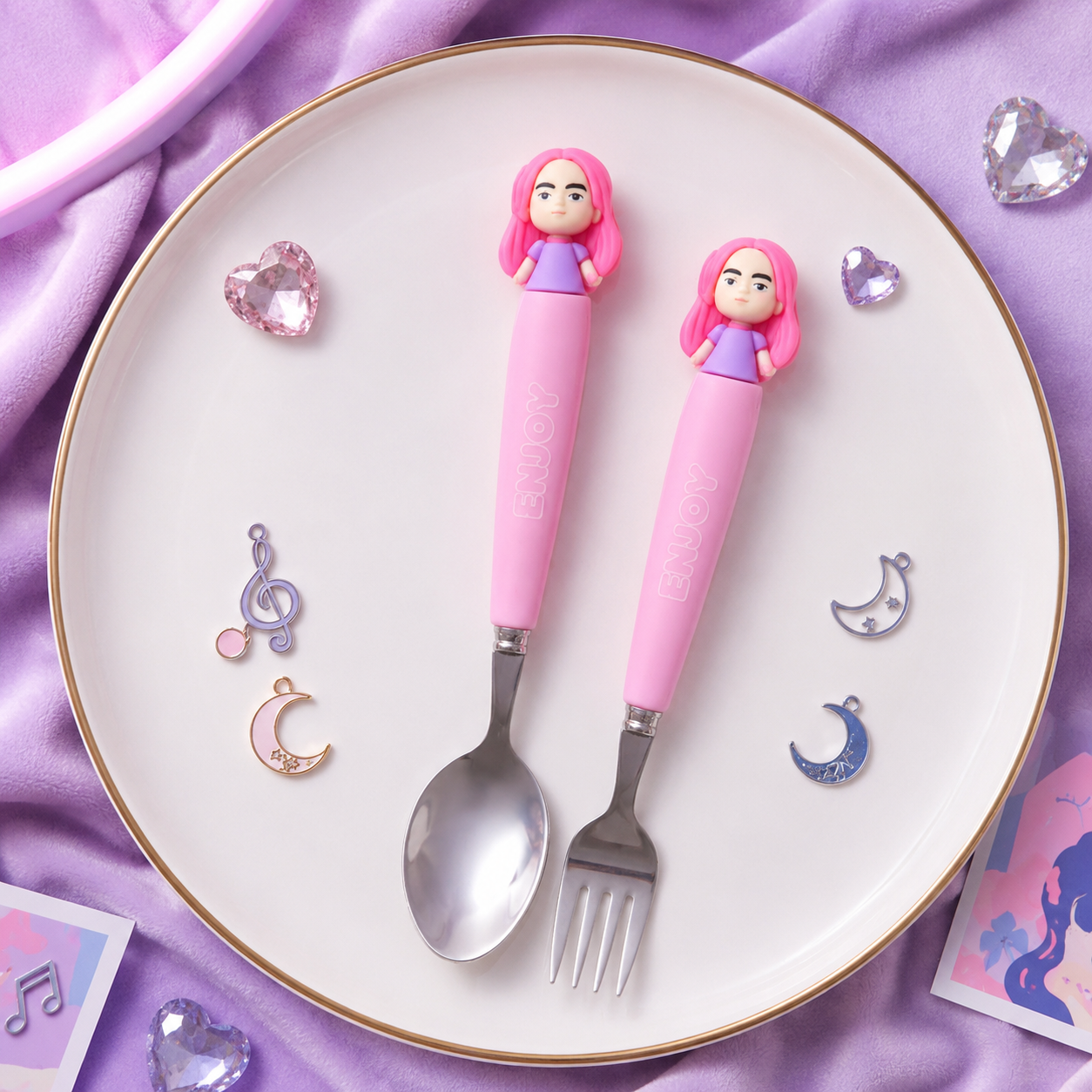 K-Pop Theme Spoon & Fork Set for Kids – Cute Cartoon Cutlery Set