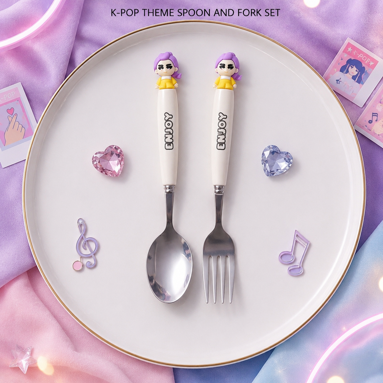 K-Pop Theme Spoon & Fork Set for Kids – Cute Cartoon Cutlery Set