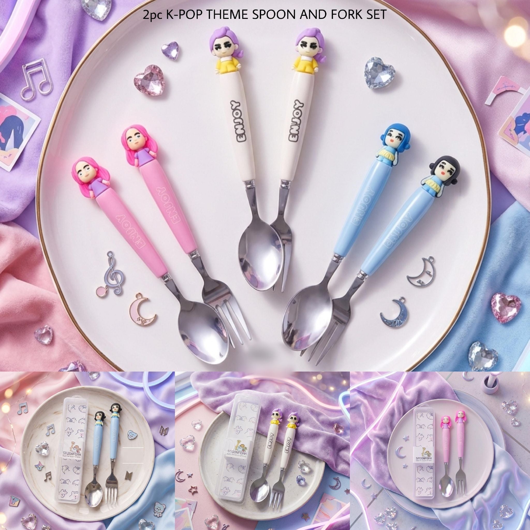 K-Pop Theme Spoon & Fork Set for Kids – Cute Cartoon Cutlery Set