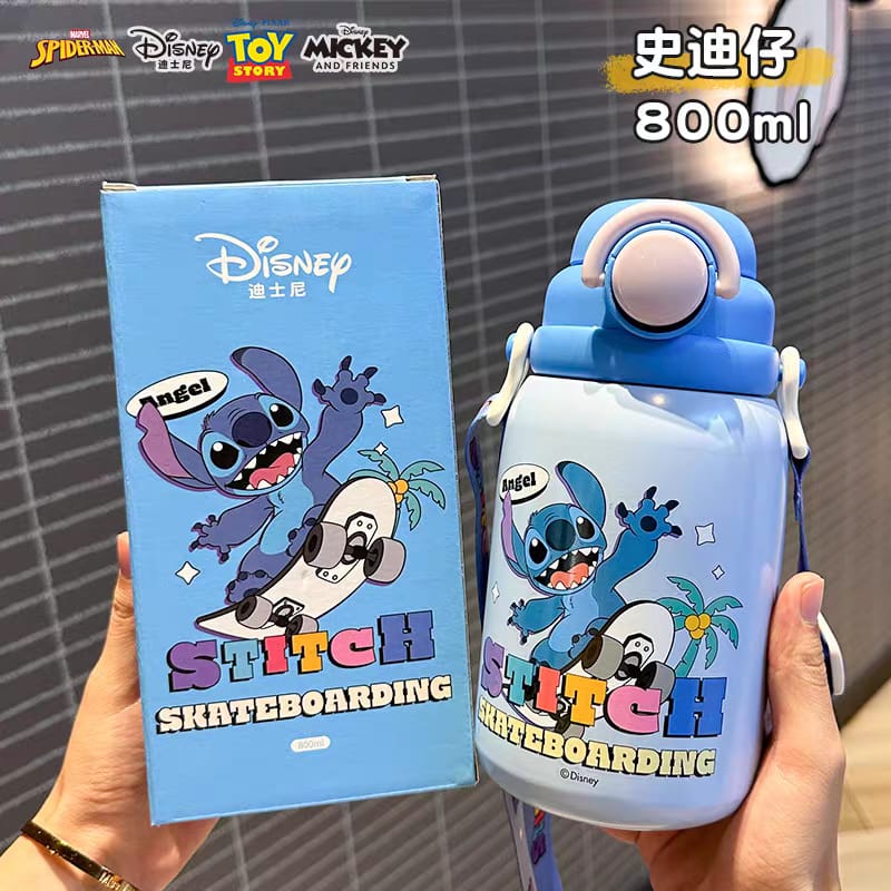 Kids 800ml Vacuum Insulated Water Bottle with Strap – Stainless Steel Thermal Flask for School | Cartoon Character Design