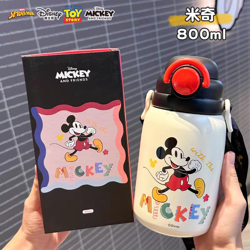 Kids 800ml Vacuum Insulated Water Bottle with Strap – Stainless Steel Thermal Flask for School | Cartoon Character Design