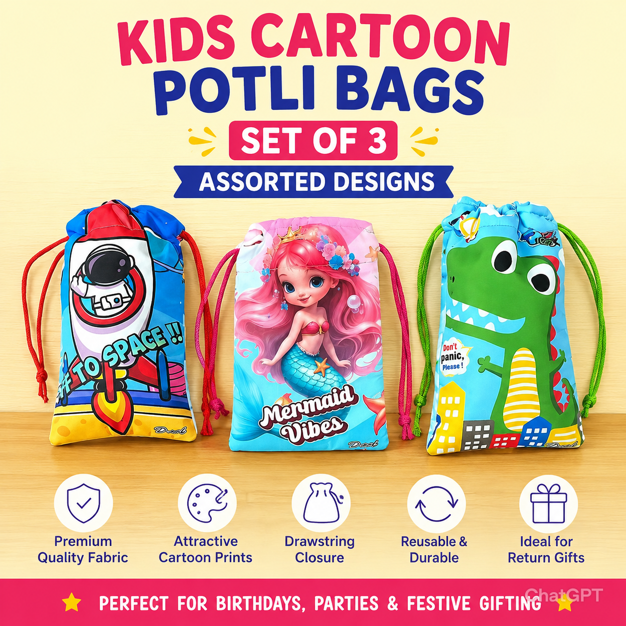 Kids Cartoon Potli Bags Set of 3 Assorted Designs – Drawstring Return Gift Pouches for Birthday Parties