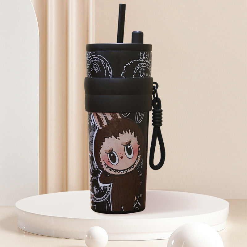 Black 1200ML Labubu stainless steel tumbler with straw and cartoon design