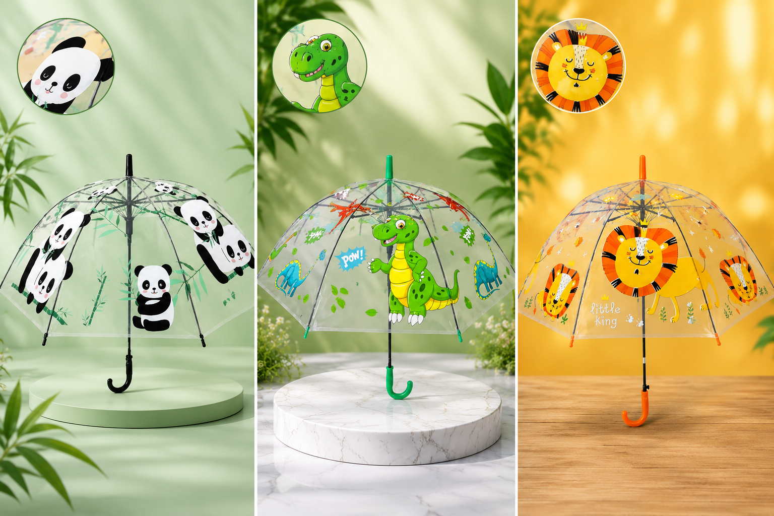 Drool kids cartoon umbrella set featuring panda dinosaur and lion designs, cute transparent rain umbrellas for kids birthday return gifts India