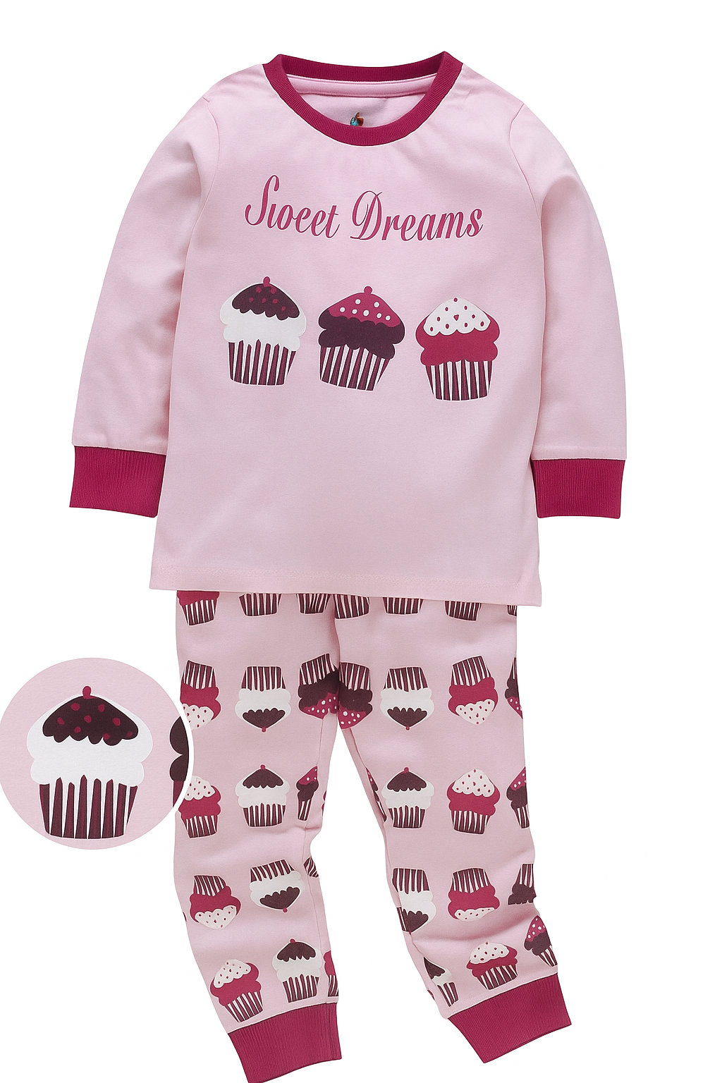 Sweet Dreams cupcake print kids night suit in pink