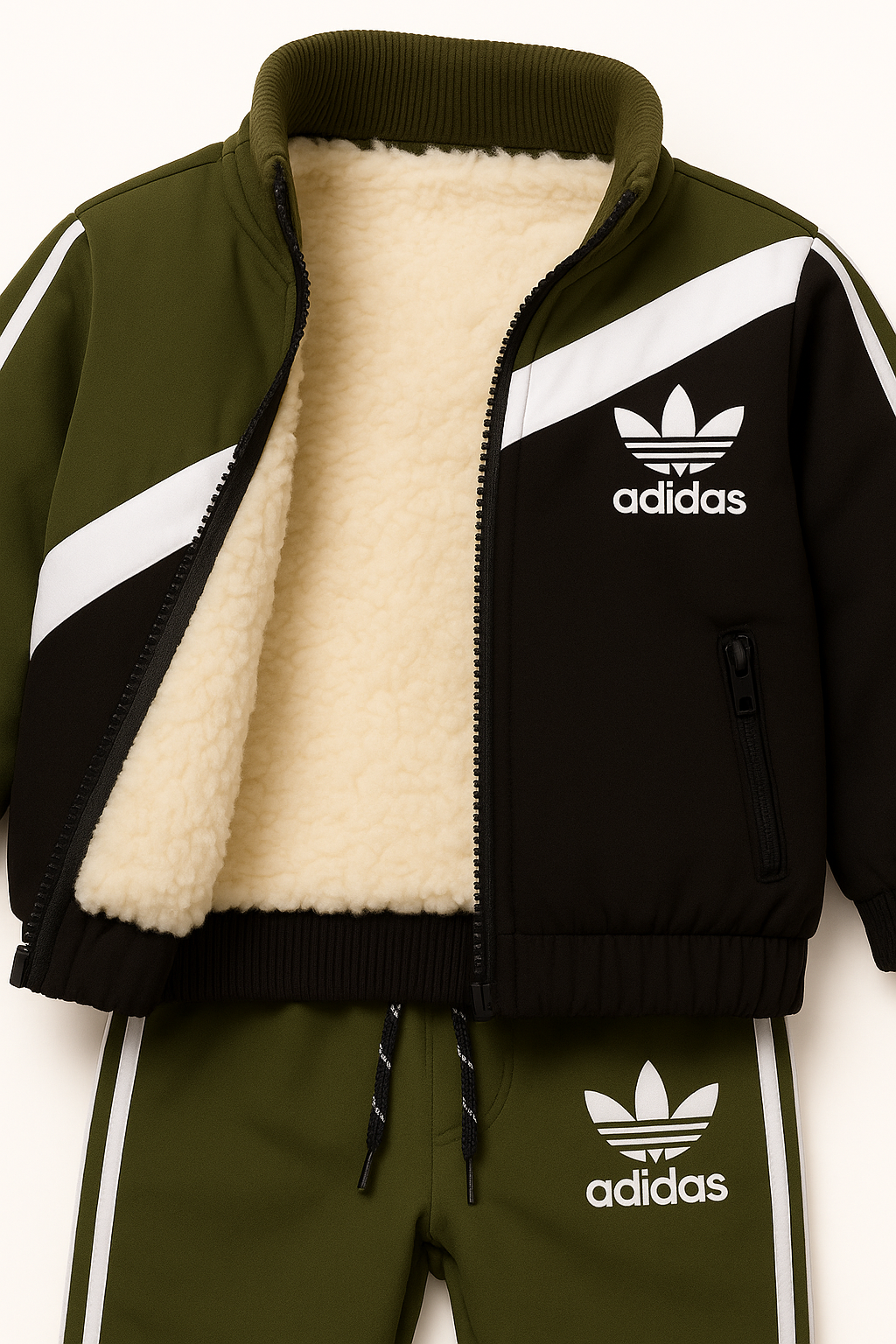 Close-up view of kids winter tracksuit showing soft cream-colored fur lining inside jacket