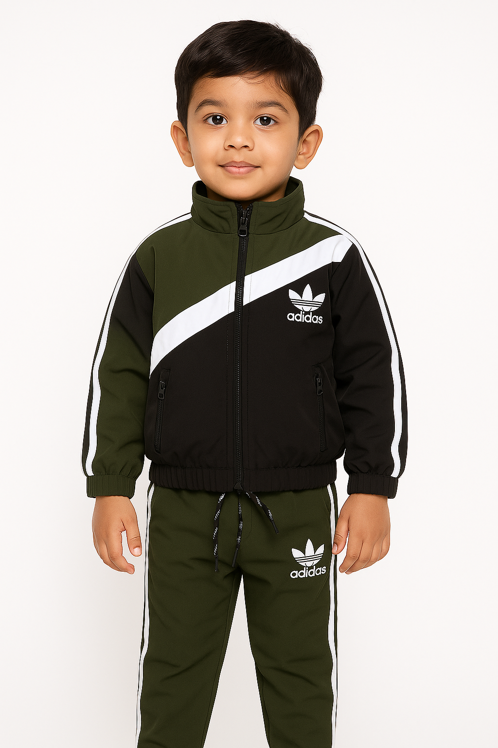3–4 year old boy wearing olive green and black fur-lined winter tracksuit with adidas style design