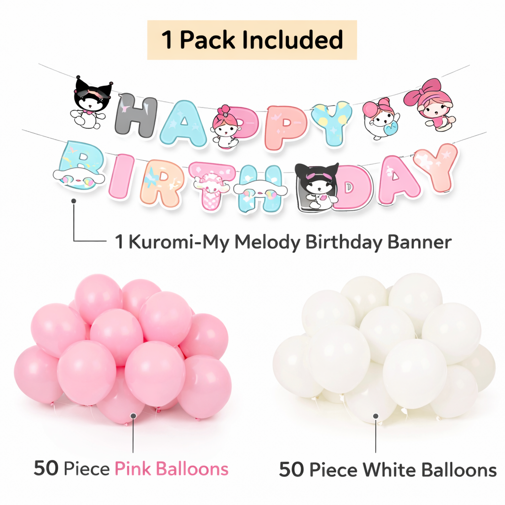 Kuromi & My Melody Happy Birthday Banner with Pink & White Balloons | Kids Birthday Decoration Set (100 Balloons)