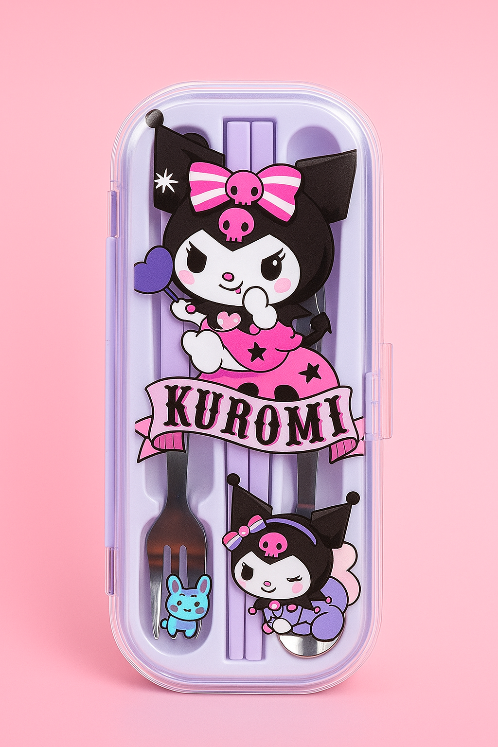 Sanrio Kuromi utensil set with purple case, featuring kawaii Kuromi character holding a heart and banner, includes chopsticks, fork, and spoon