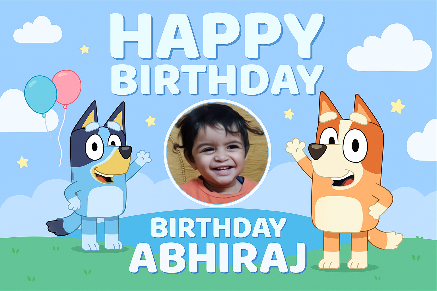 Custom Bluey birthday banner with child's photo and name on 5x3 ft flex backdrop featuring Bluey and Bingo characters