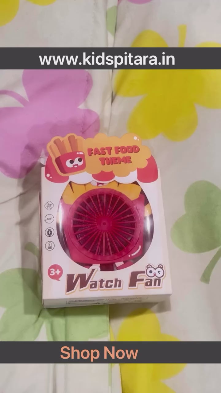 Cute Burger Style Mini Watch Fan for Kids | Portable Rechargeable Wrist Fan Toy | Summer Cooling Fan for Boys & Girls