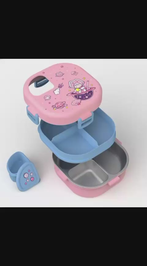 Kids Stainless Steel Lunch Box with Snack Box – Cute Pink School Tiffin Box (3 Compartments)