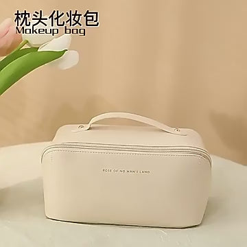 PU leather cosmetic storage pouch with wide opening and handle