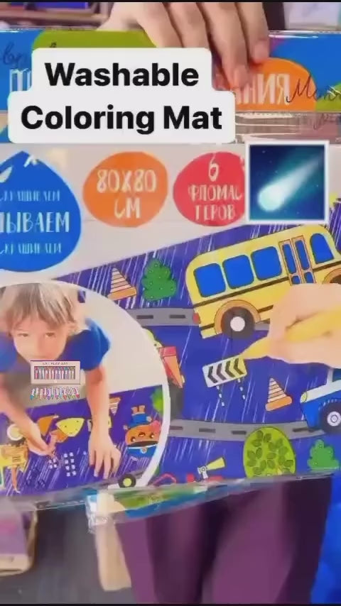 Kids using reusable 80×80 cm forest animal coloring mat – washable doodle play fun