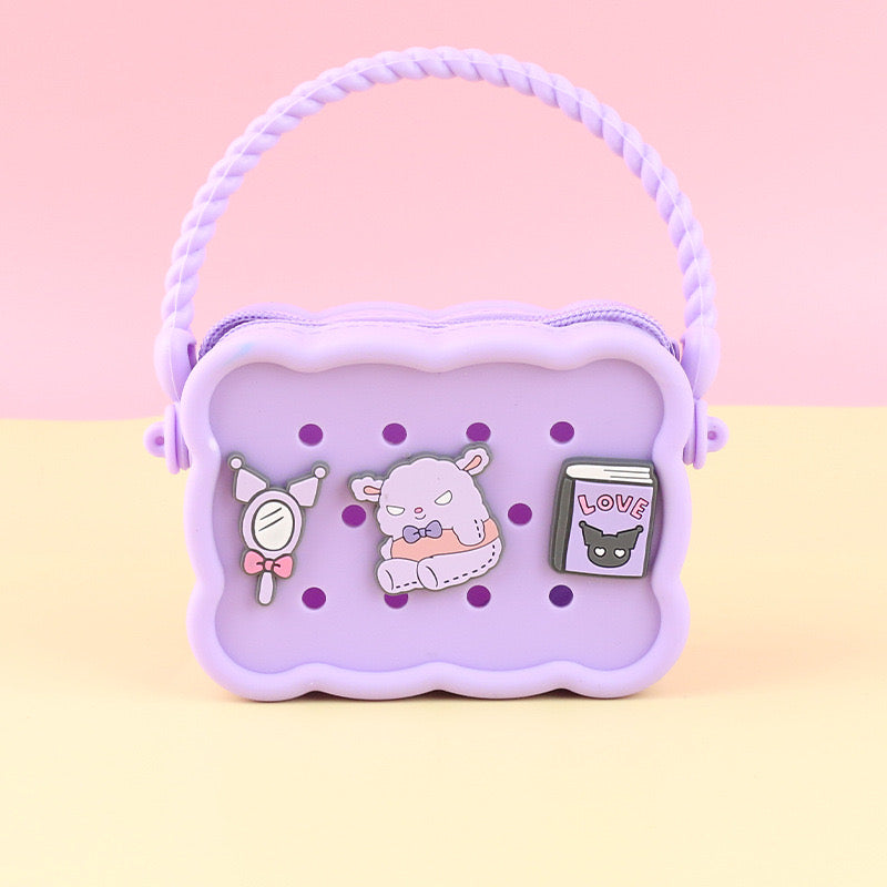 Purple Silicone Kids Bag with Handle and Fun Character Stickers