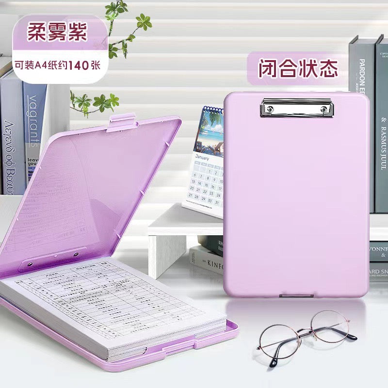 Purple storage clipboard with clip and internal organizer
