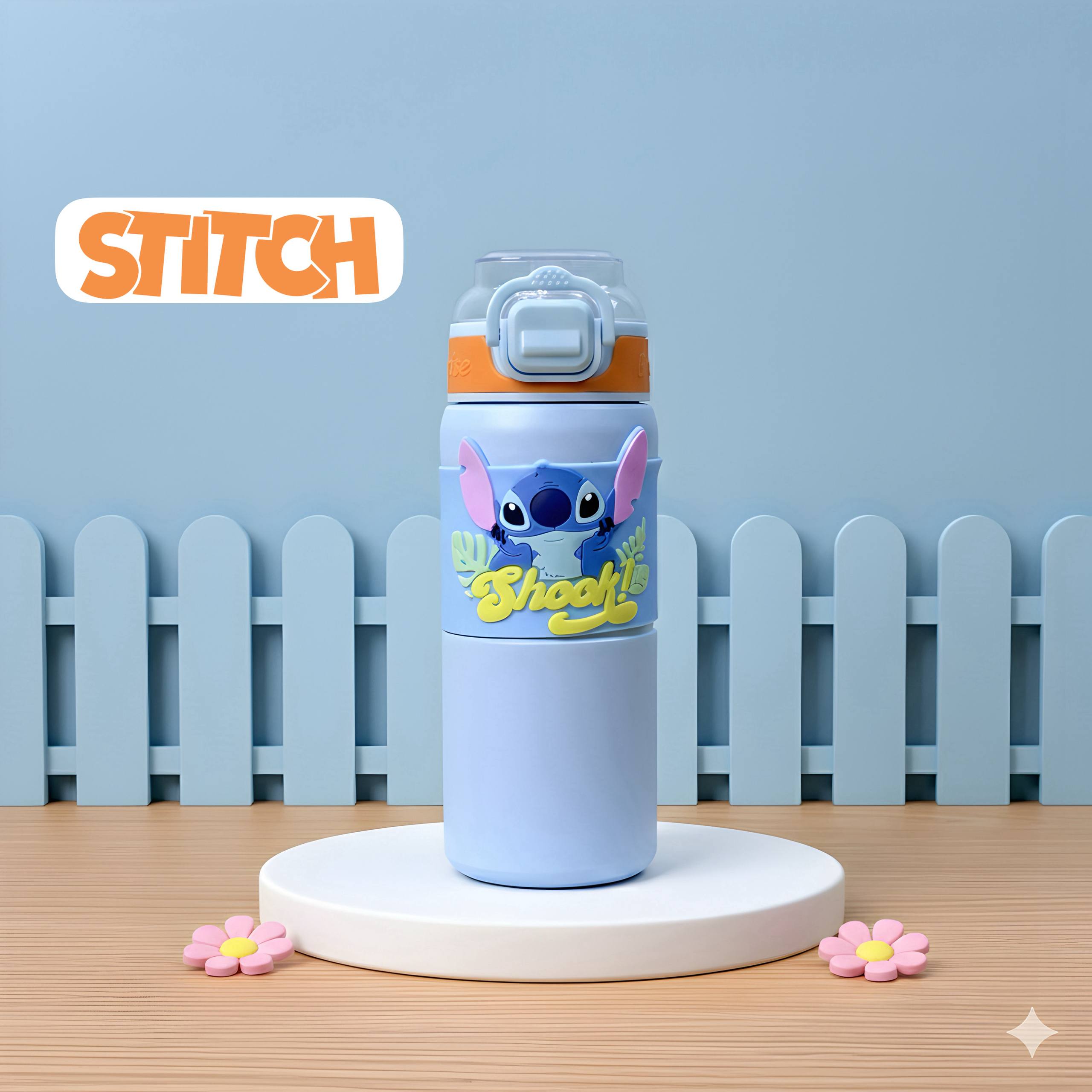 Stitch kids insulated water bottle with straw and flip lid, leakproof design with stainless steel interior