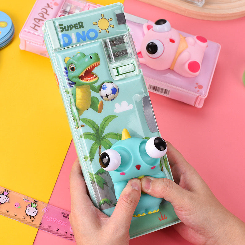 Super Dino pencil box with soccer design and built-in sharpener