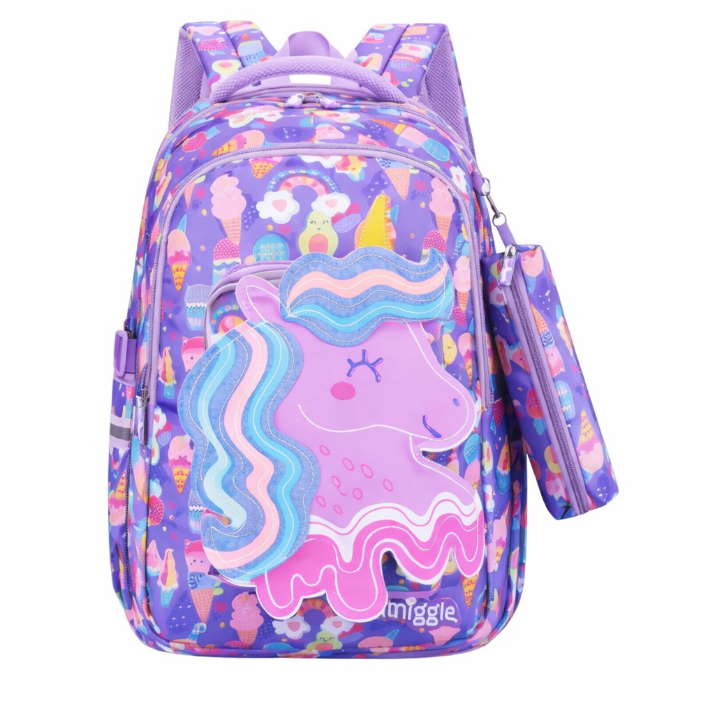 🌈 Unicorn Kids School Backpack – Cute Purple Ice Cream Print Girls School Bag with Pencil Case | Lightweight, Waterproof, Durable Bookbag for Kindergarten & Elementary
