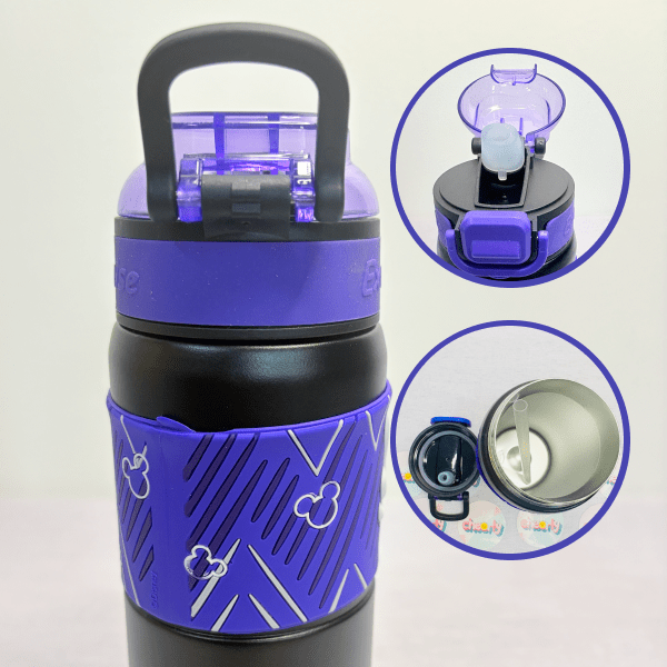 Stylish purple kids water bottle for school with straw lid, insulated stainless steel flask