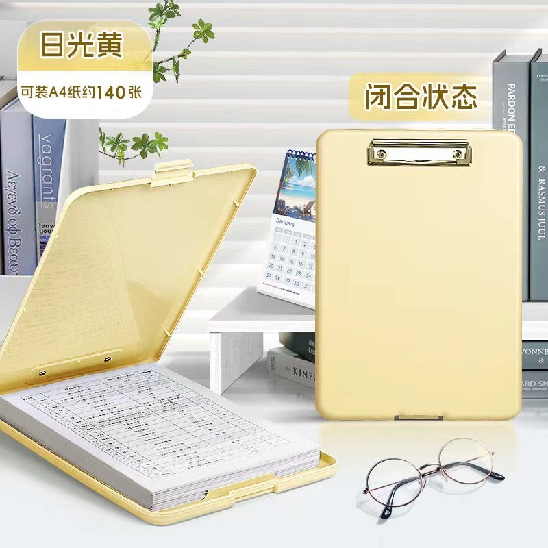 Yellow document storage clipboard with clip and organizer